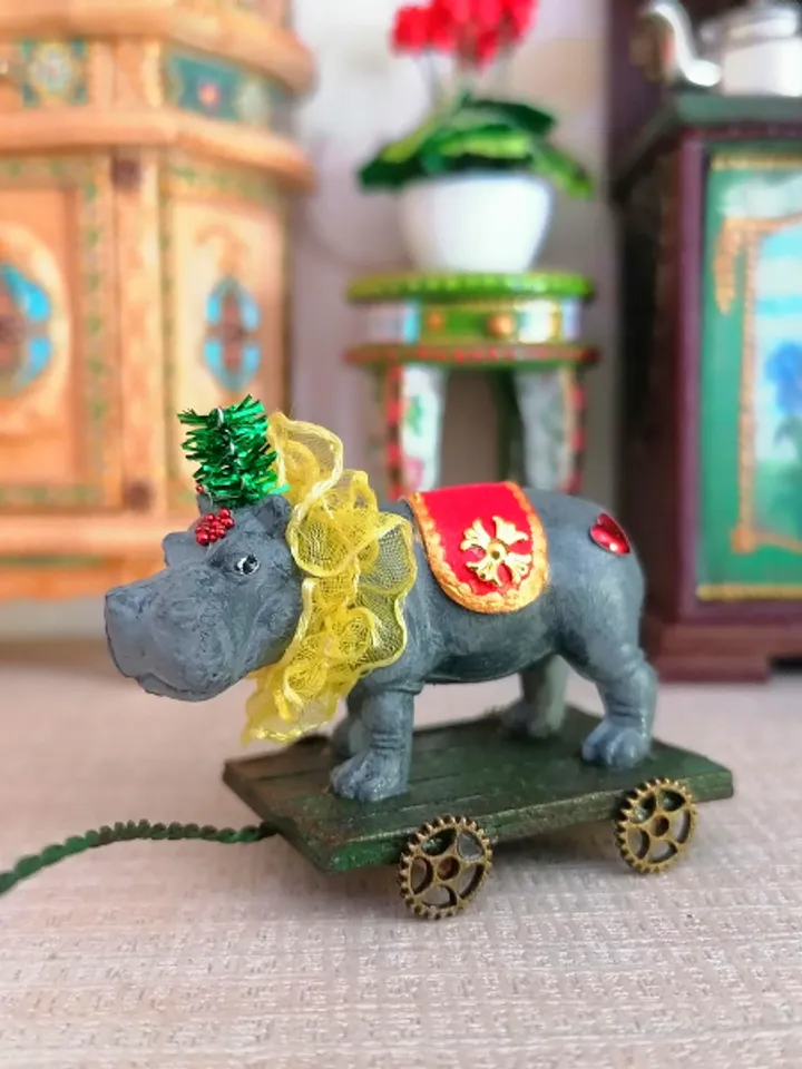 Hippo on a cart. Vintage toy. Circus toy.1:12 scale.