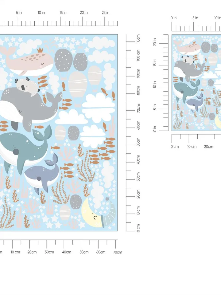 Watercolor Whale Wall Decals Set - Kids Bathroom Stickers, Ocean Nursery Decor, Removable Sea Animal Wall Art ek21