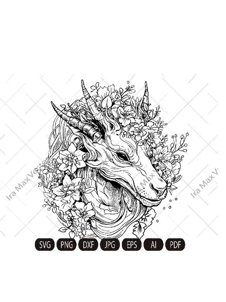 Dragon svg, Dragon detailed, Dragon Clipart, Dragon in flowers, Chinese Dragon SVG, Fantasy Dragon SVG, Asian dragon Svg, Dragon Silhouette