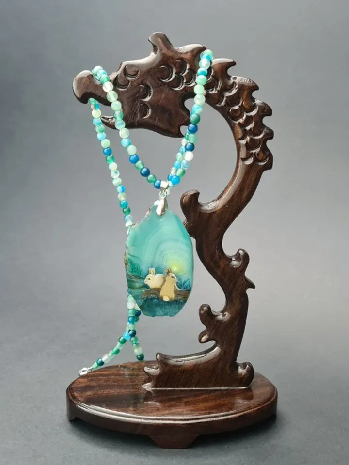 Necklace with two baby rabbit or hare Oil painting on green Agate pendant stone