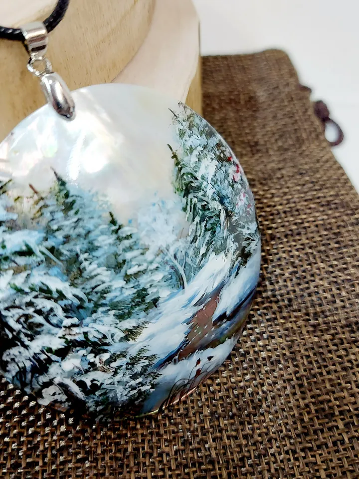 Mother-of-pearl pendant "Winter. River in winter". Miniature on the sink. Hand-painted jewelry. An artistic gift from Fedoskino