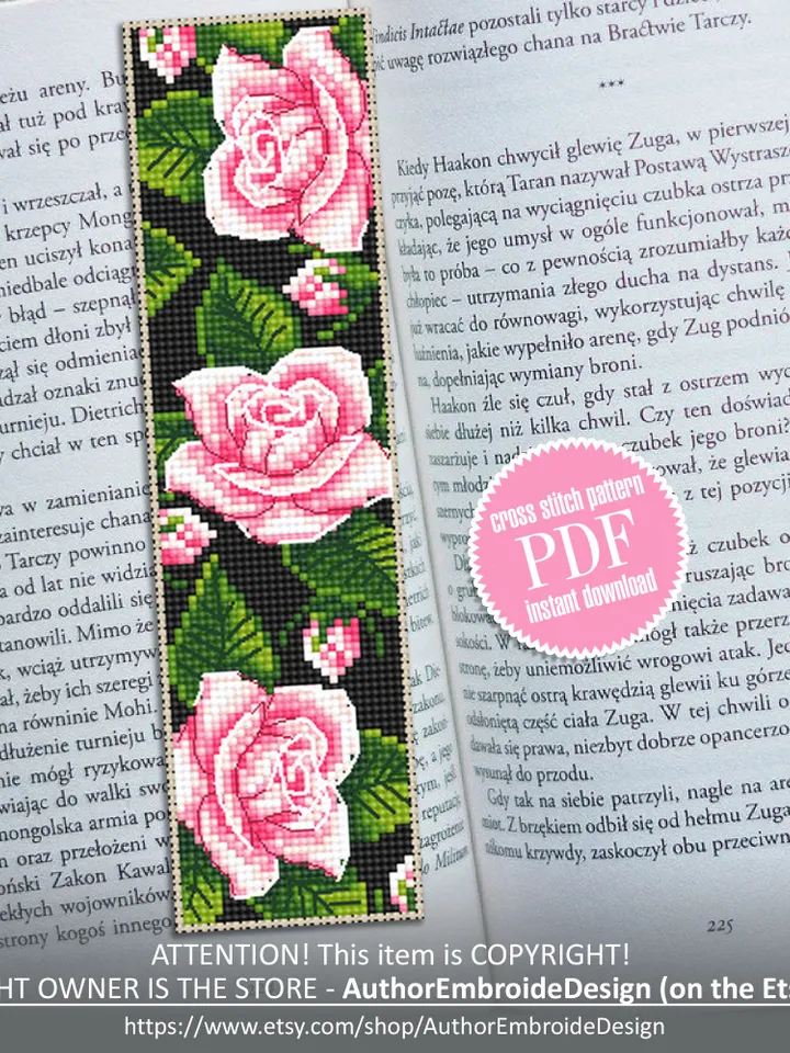 Flower bookmark cross stitch pattern PDF download Pink rose cross stitch chart, Handmade bookmark digital PDF, Cute bookmark for women #B211