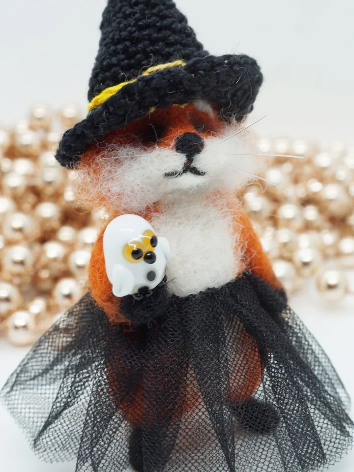 Glinda the fox, miniature needle felted fox in a witch outfit, ships from the US