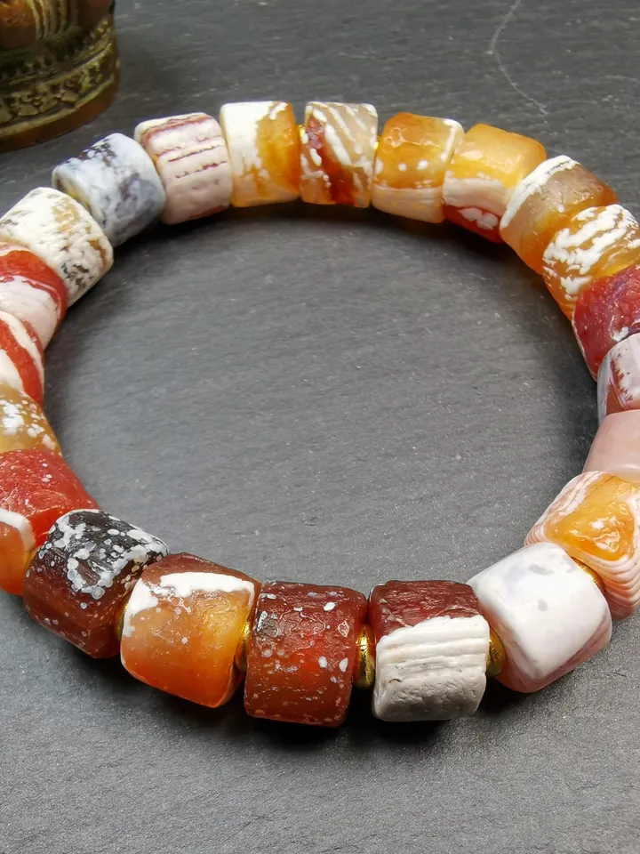 Gandhanra Tibetan Sugar Agate Beads Wrist Mala, Unique 11mm Cylinder Carnelian Bracelet