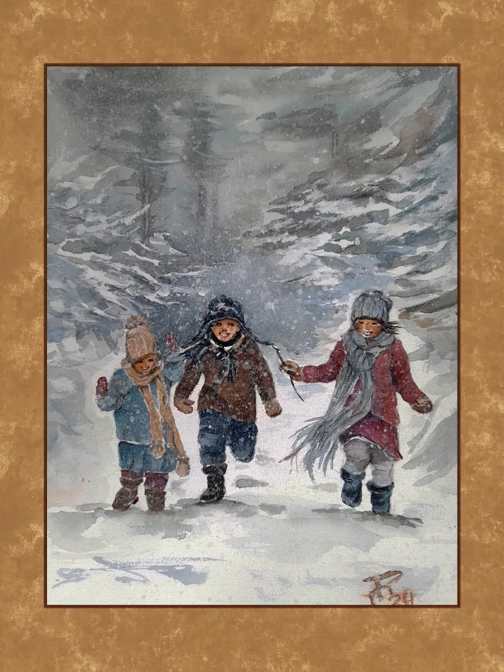 Watercolor painting. Carefree trio of kids. The Winter Fun series 21x30cm (8.3х11,7inches)