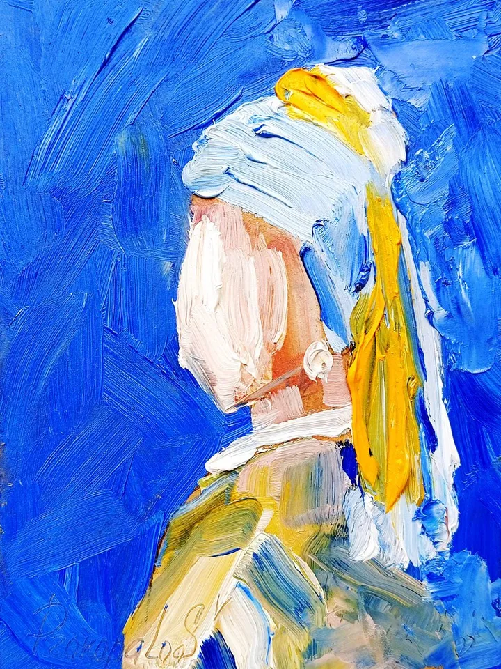 Abstract Portrait original copy of Vermeer's painting Girl with a Pearl Original Oil Painting Painted oil painting Modern Surrealism Art 7x5