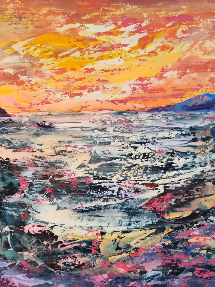 Mountains Sea Ship Bright Sunset Original Art Oil Painting Artist Svinar Oksana