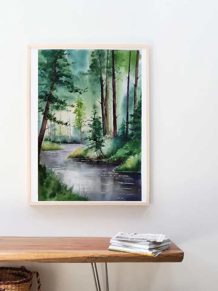 Forest Landscape Painting Original Watercolor Art Forest River Artwork Summer Forest Picture 10.62x15.35 in by Art Café