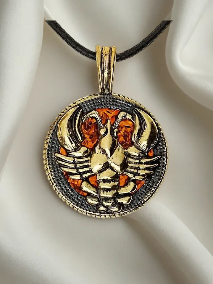 Cancer necklace Zodiac Sign Round Necklace Gold black brass amber cancer pendant necklace Amulet Necklace Large