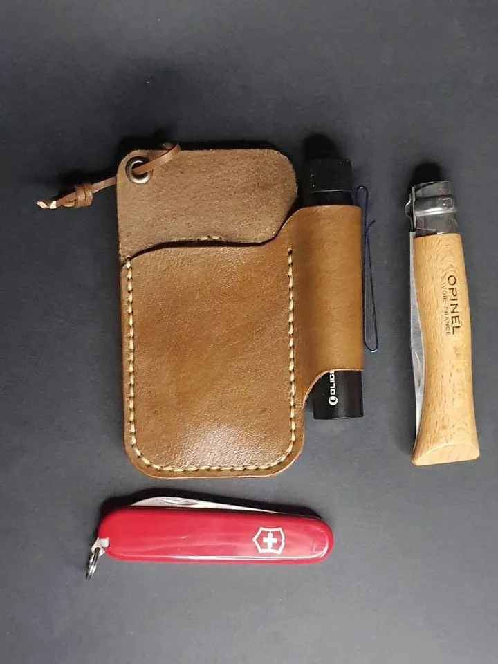 Folding Knife Leather Sheath for Flashlight, EDC pocket organizer for everyday carry, Handmade leather belt sheath
