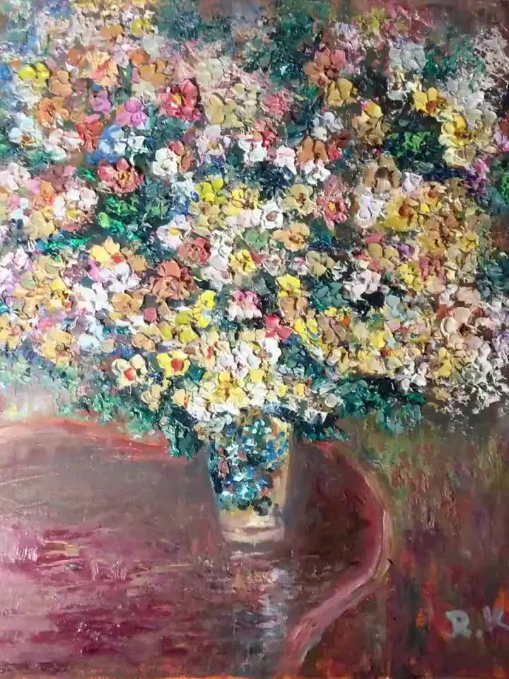 Colourful bouquet of flowers in a vase,one of a kind,impressionistic textured impasto oil painting on 3d stretched canvas,wall decoration.