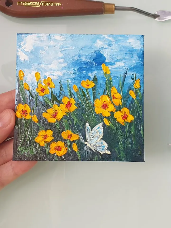 Ranunculus Painting Butterfly Original Art Wildflowers Wall Art Oil Painting