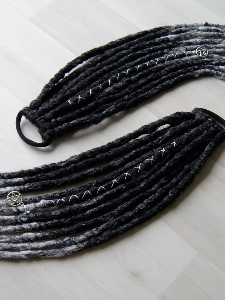 Dreads on hair tie Ponytail Black to Gray Synthetic Dreadlock Extensions Witch Goth hair Locks on elastic band