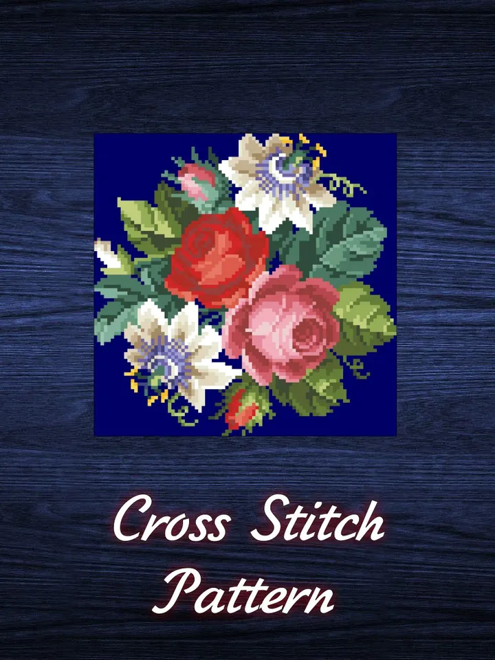 Antique Cross Stitch Pattern Passionflora and Roses Digital Download PDF