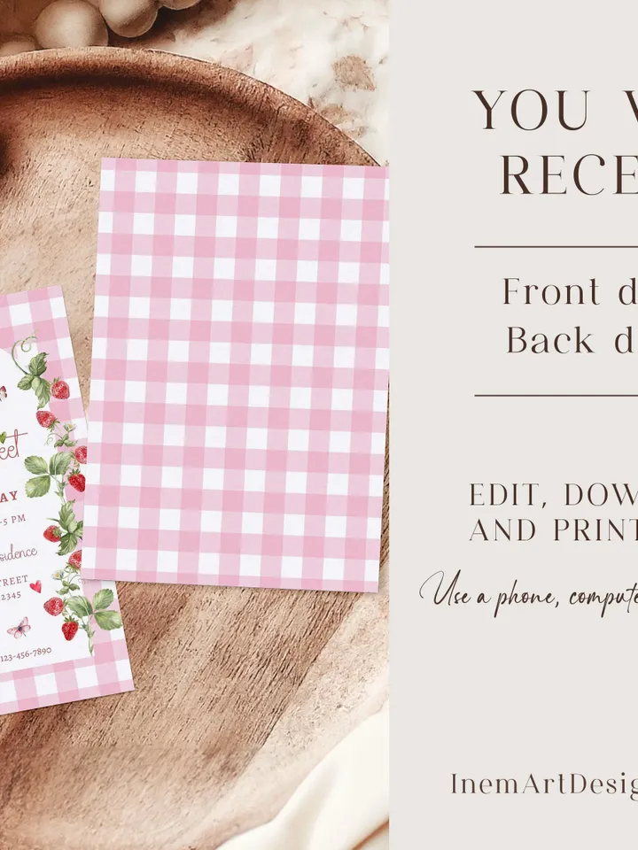 Editable Strawberry 3rd Birthday Invitation Berry Sweet Strawberry Picking 4th Birthday Invite Invites Canva Instant Download i115