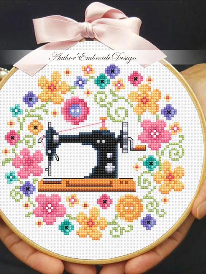 Floral sewing machine cross stitch pattern PDF instant download Sewing cross stitch chart, Floral pattern digital PDF Sewing room decor #O24
