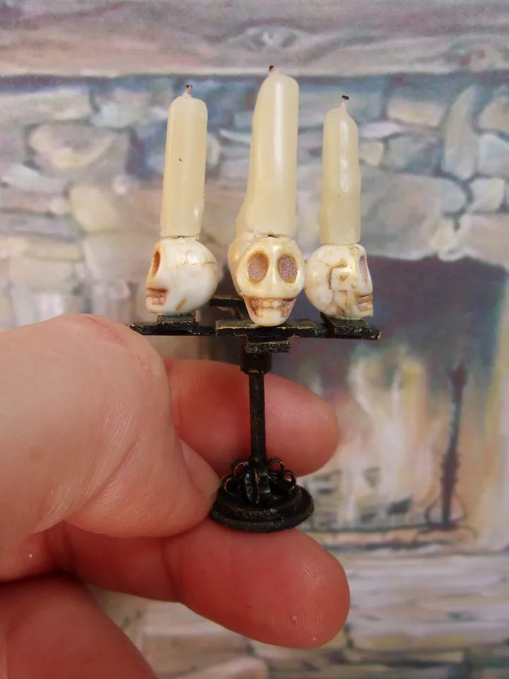 Gothic candlesticks for stylized dollhouse. 1:12. Dollhouse miniature. handmade. Candlesticks with skulls.