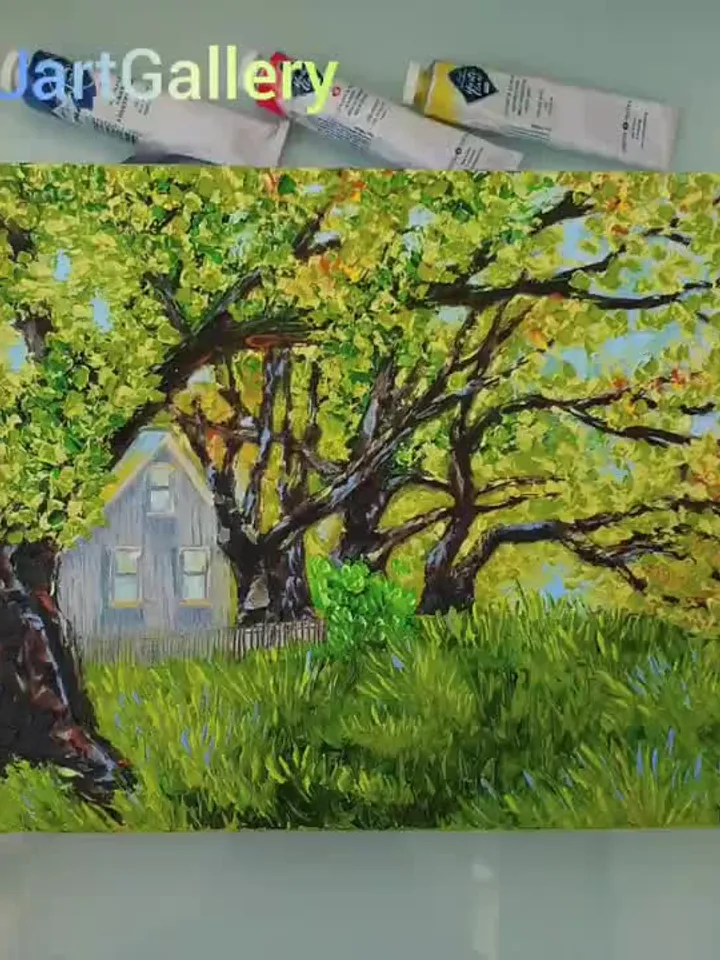 Trees Painting Farm Original Art Landscape Wall Art Cottage Impasto Oil Painting