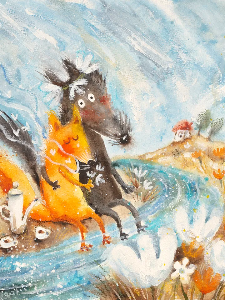 27x27cm Artwork by Julia Schigal "Spring Happiness" - watercolor, gouache, pastel