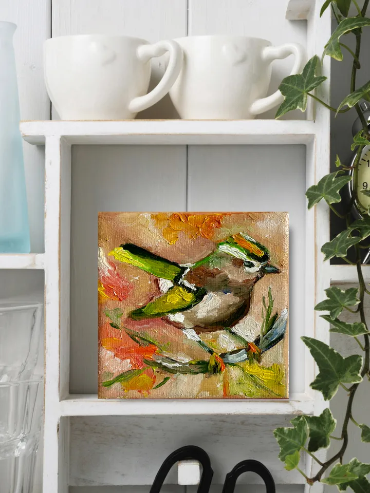 Tiny bird oil painting, Goldcrest painting, Original oil Painting on Canvas, Wildlife Art, Miniature Artwork 4"x 4"