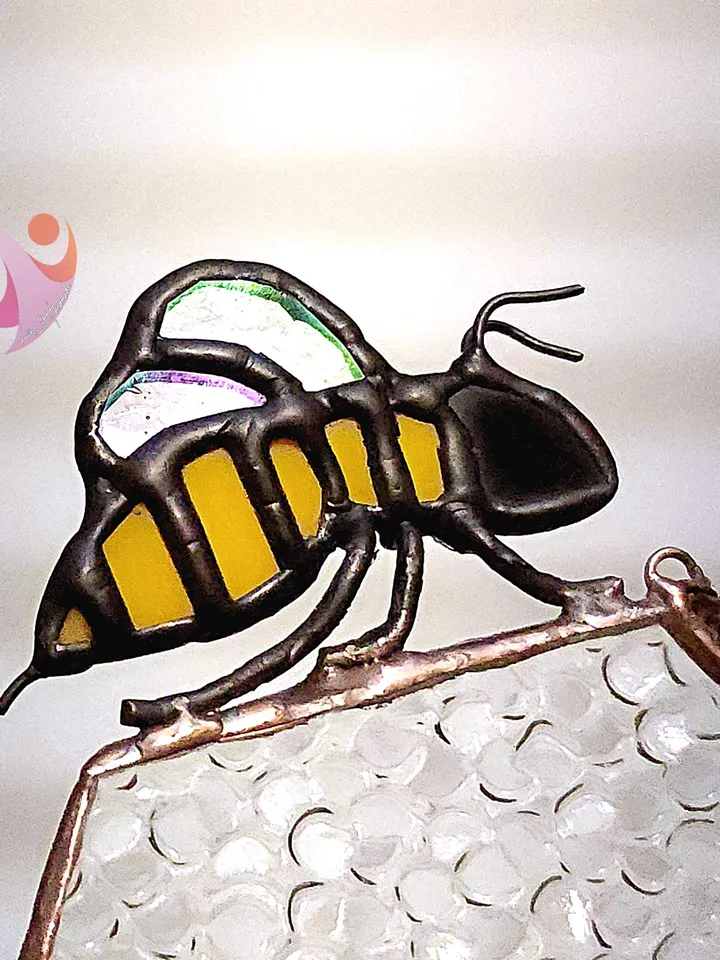 Real Stained Glass Honeycomb Suncatcher with Bee on Heart-Shaped Drippy Honeycomb with Glass Honey Drop Unique Gift for Bee Lover