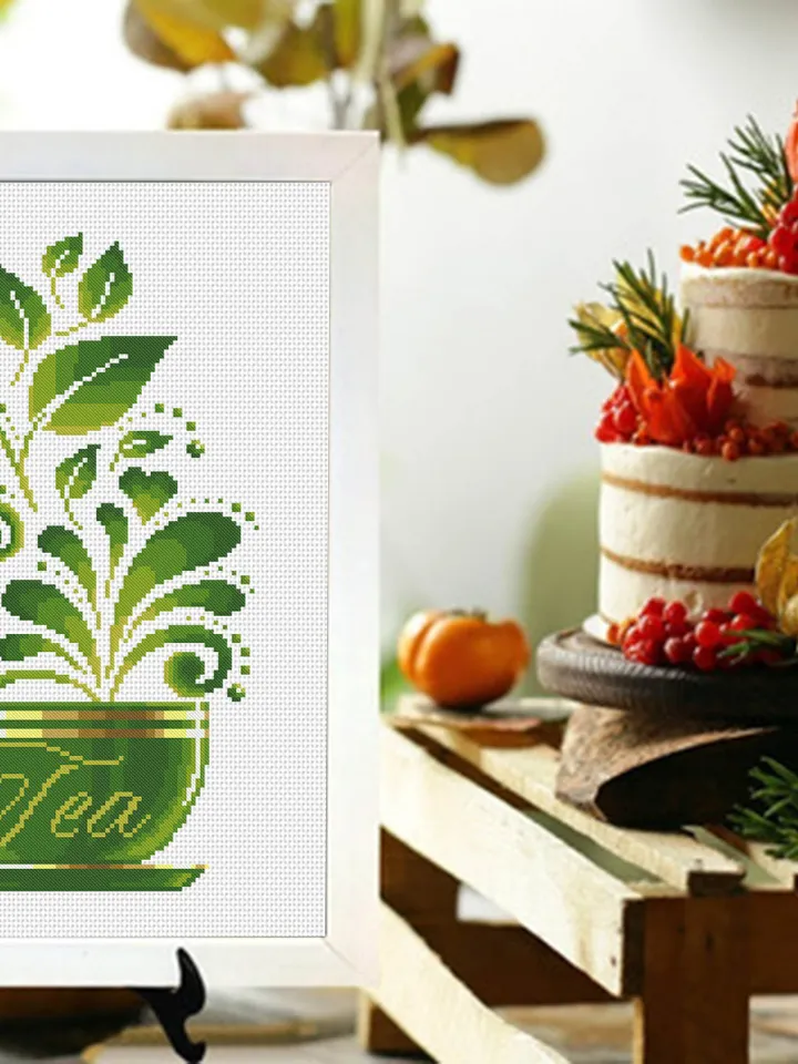 Tea cup cross stitch pattern download PDF, Awesome kitchen cross stitch chart, Funny embroidery beginner, Green tea cross stitch PDF #F7
