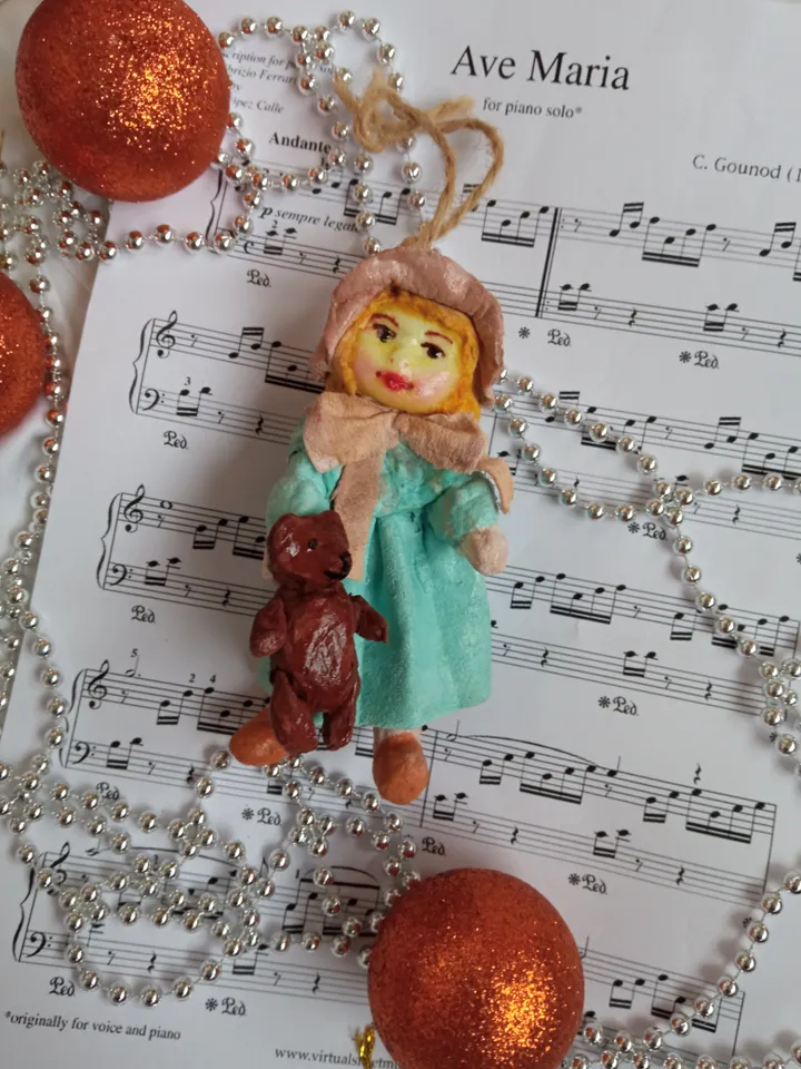 Handcrafted Cotton Doll Girl with Teddy Bear - Unique Christmas Ornament. Doll in Vintage Style
Christmas tree toy. Xmas ornaments