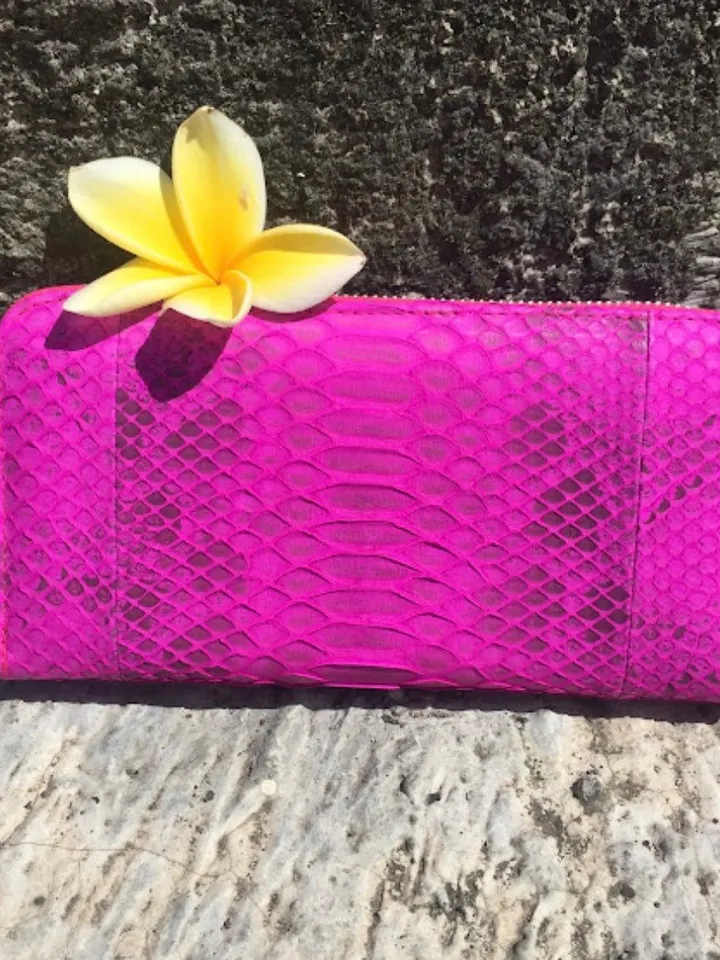 Wallet genuine python skin fuchsia bright color, women wallet, leather lady wallet, classic zip wallet, design wallet handmade, money wallet
