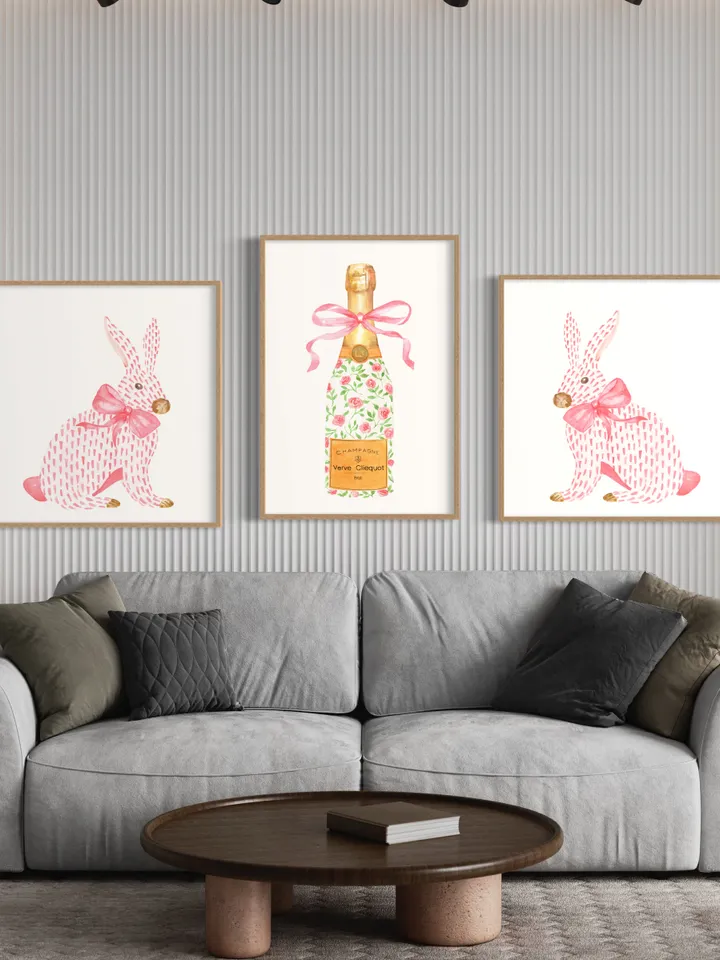 Champagne Bottle Chinoiserie Style Wall Art Print,Digital Download, Pink Watercolor Bar Cart Print, Cocktail Decor,Wine Wall Art