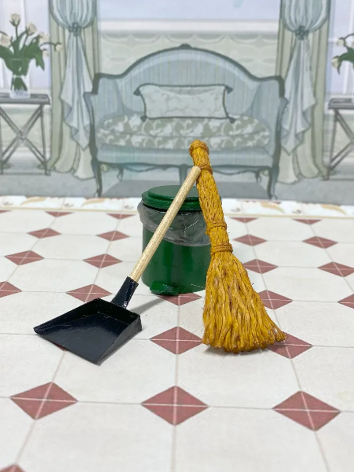 Household set for a dollhouse. Doll accessories, Broom, scoop, bucket.1:12