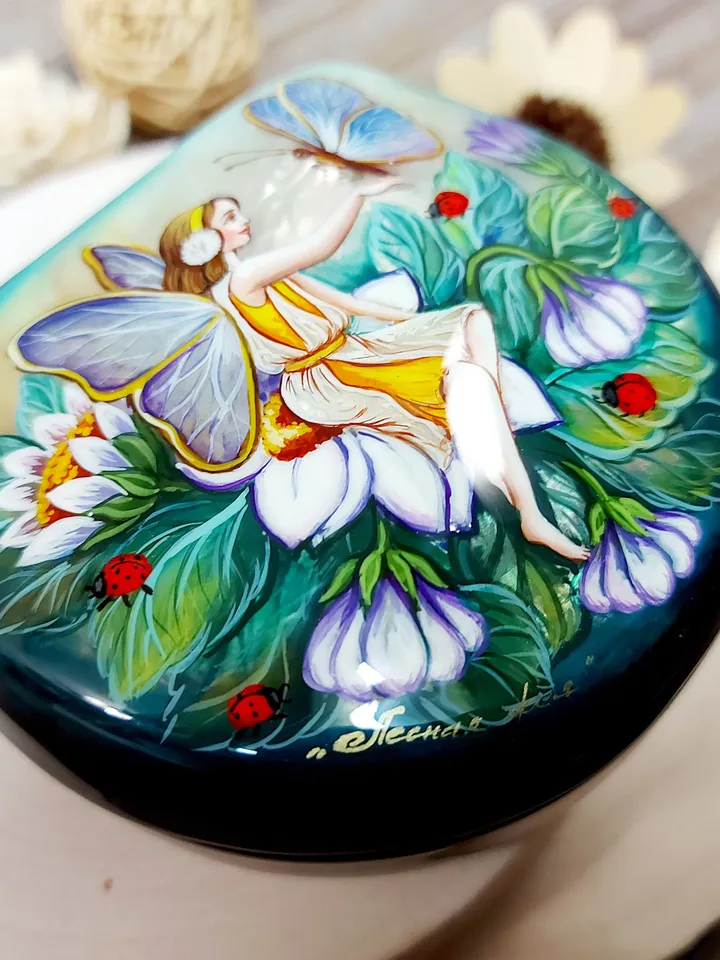 Beautiful Russian Lacquer Box "Forest Fairy" Hand painted miniature painting jewelry box Mother of pearl Papier mache Art gift Fedoskino