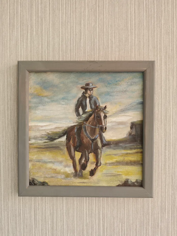 Cowboy On Horse Original Painting Riding Horse Cowboy Original Art Animal Artwork Rider Horse Oil Painting Horse And Cowboy Wall Decor Art 8 x 8 inches by OlgaSokolovaArt