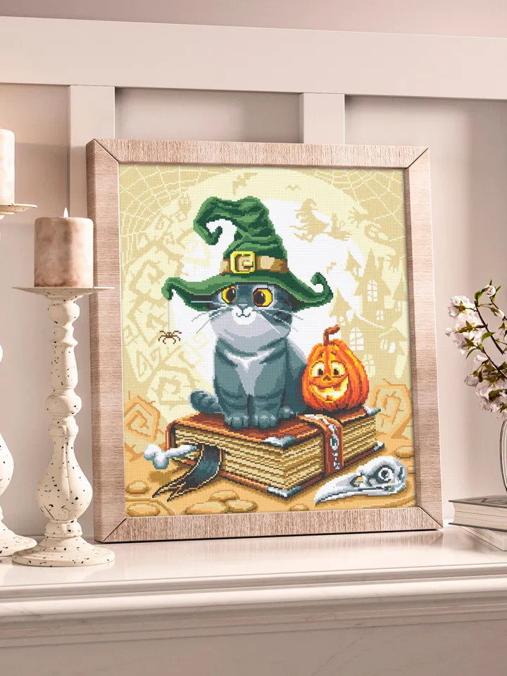 Halloween witch cat cross stitch pattern PDF download Cute cat in the hat cross stitch chart, Halloween pattern digital PDF, Witch hat #H25