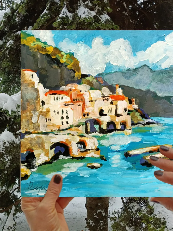 Positano Painting Italy Original Art Amalfi Coast Impasto Oil Painting Mountain Artwork by ArtProkopaloSv
