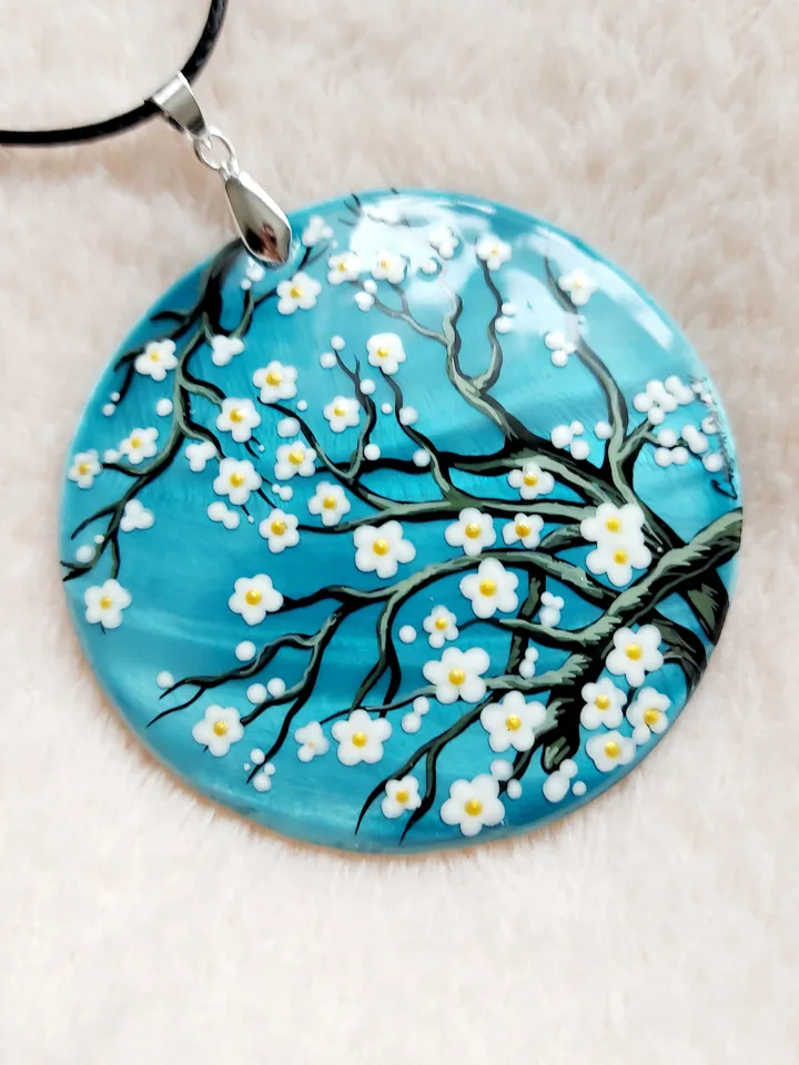 Pearl pendant necklace: Almond Blossoms by Vincent van Gogh on stylish mother of pearl necklace • Hand painted aesthetic pendant for women