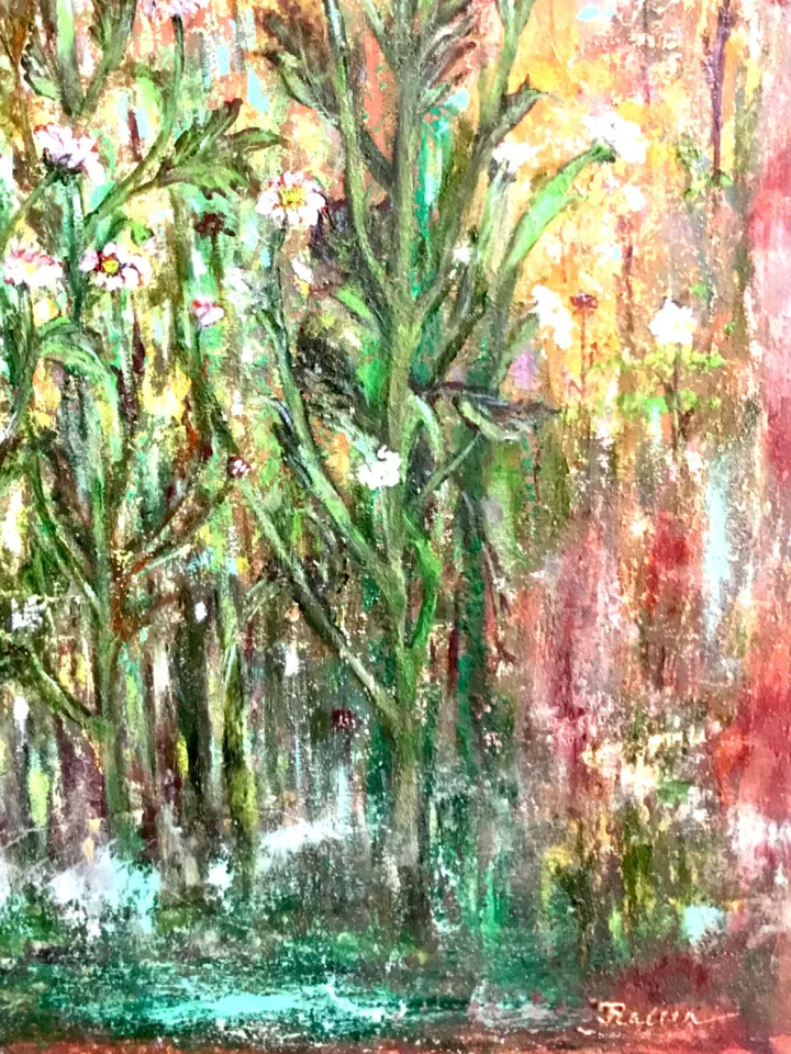 Chrysanthemums painting,Abstract chrysanthemums,fantasy forest of flowers,oil painting,mixed media background,stretched canvas