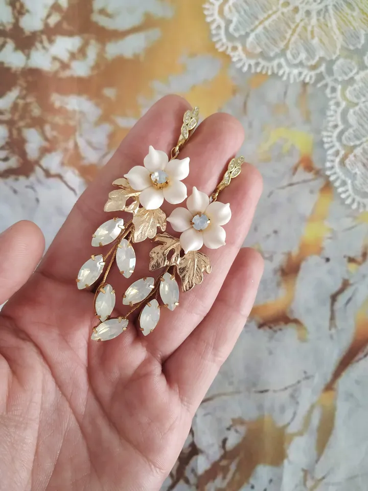 Opal Gold Long Wedding Earrings, Porcelain Flower Bridal Earrings, Boho Wedding Earrings, Leaf Bride Earrings, Chandelier Statement Earrings