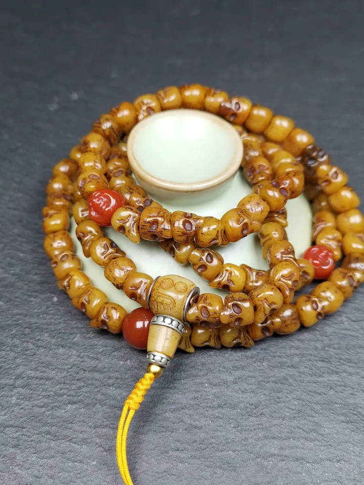 Gandhanra Old Tibetan Yak Bone Kapala Mala,108 Citipati Skull Shape Prayer Beads for Meditation and Prayer,16 Inches Length