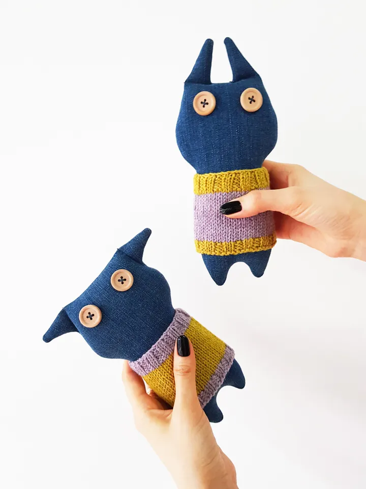 Stuffed animals patterns PDF for sewing and knitting Cat and Rabbit of denim, set of 2 tutorials
