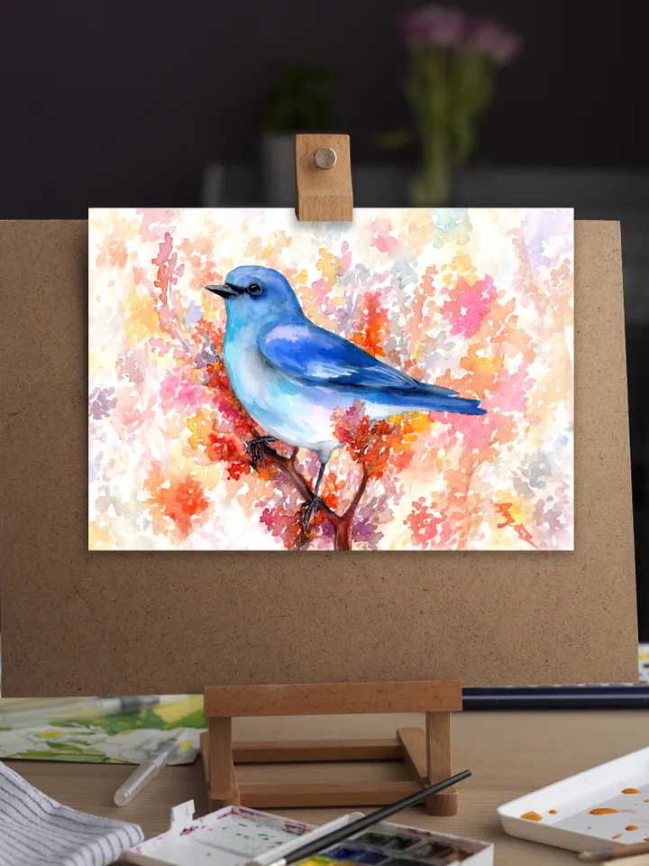 The Indigo Oatmeal Cardinal original watercolor, bird on the branch painting, blue bird portrait room decor, 8x11 in wall art for bird lovers handmade by Anne Gorywine