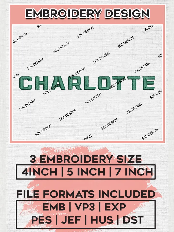 NCAA Charlotte Team Word Logo Embroidery Design Files, NCAA Charlotte 49ers Machine Embroidery, NCAA Teams, 3 sizes, NCAA Machine embroidery designs, Digital Download