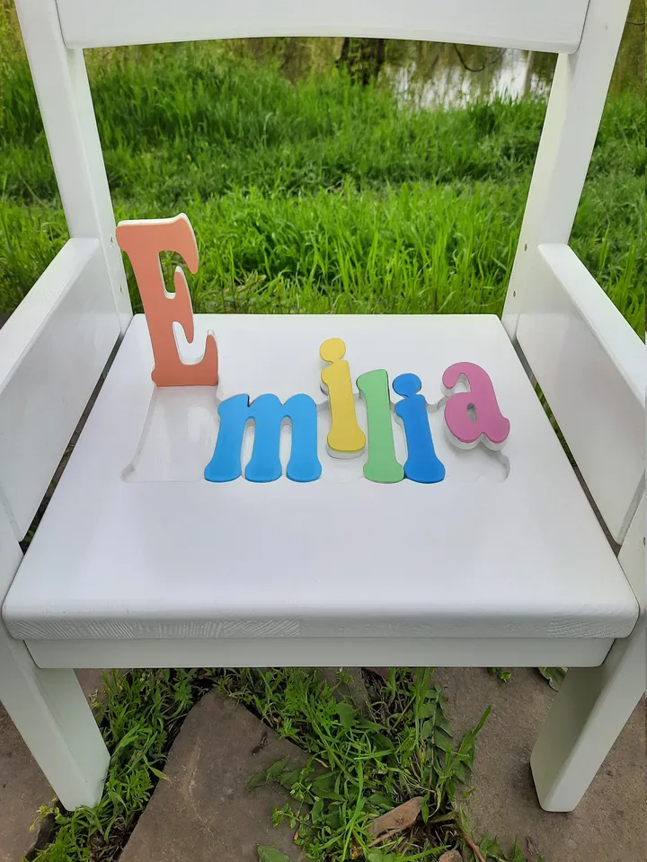 Wood child chair with puzzle name Adjustable height kids furniture from 1 years old Toddler wooden chair Gift for kids Playroom chair