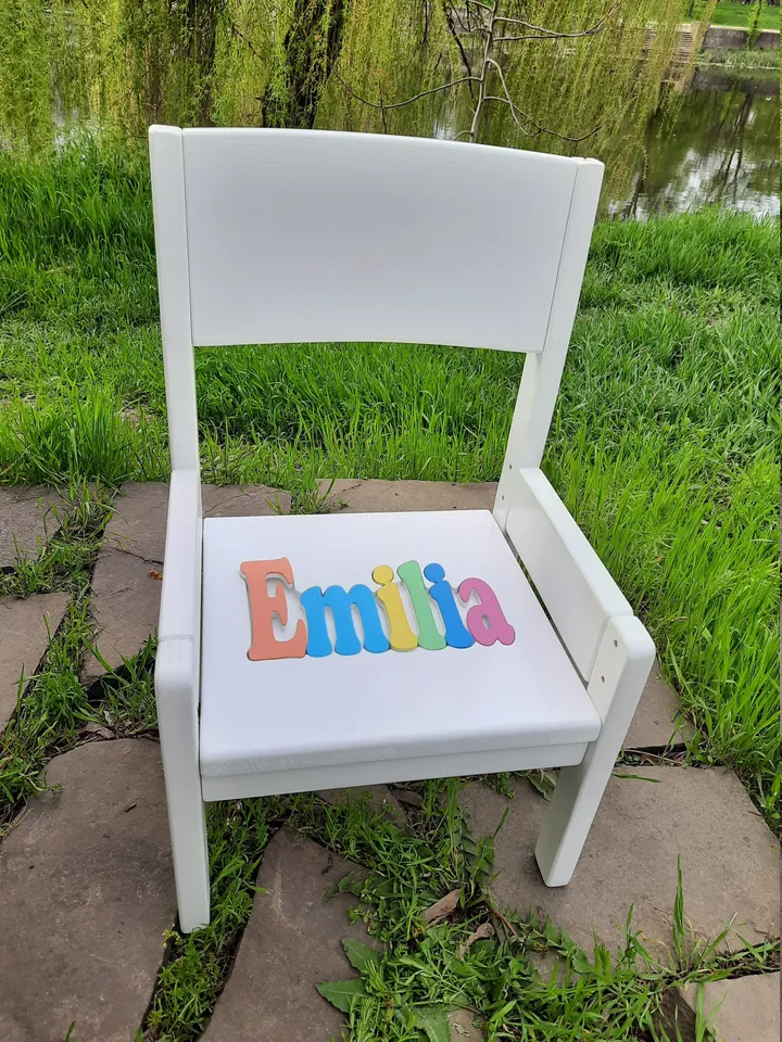 Wood child chair with puzzle name Adjustable height kids furniture from 1 years old Toddler wooden chair Gift for kids Playroom chair