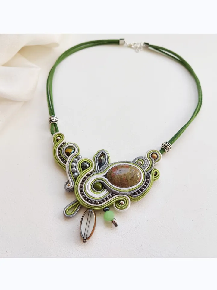 Green Statement Necklace with Unakite Stone, Soutache embroidered necklace with natural stone