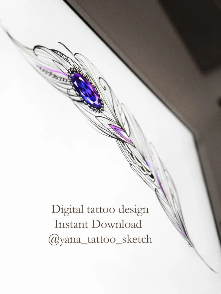 Feather Tattoo Design Outline Ornamental Feather Tattoo Ideas Drawing, Instant download JPG, PDF, PNG