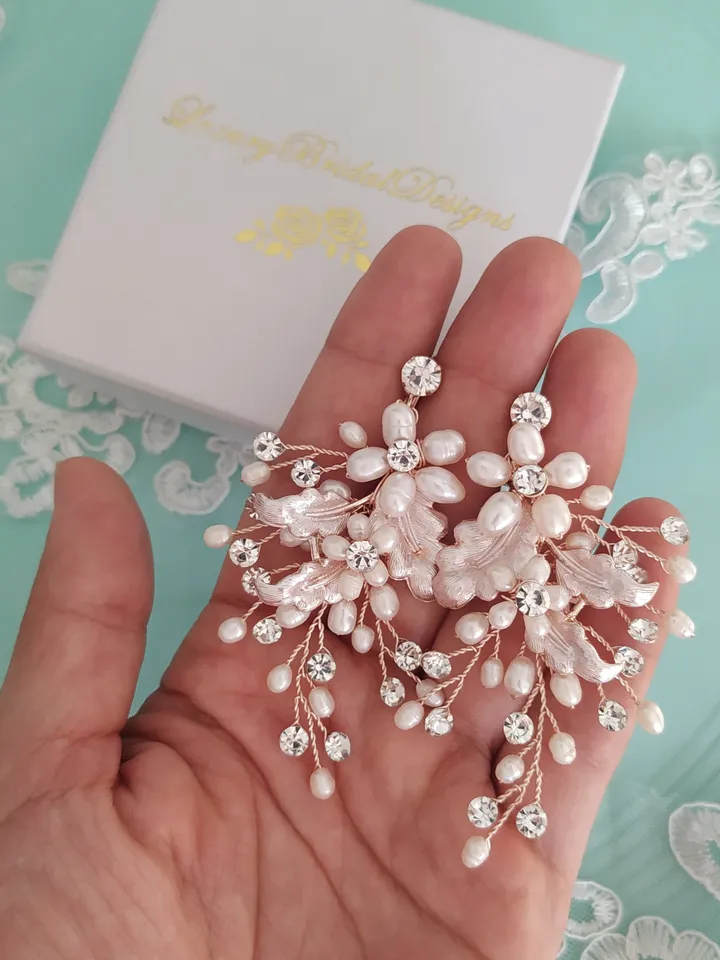 Rose Gold Vintage Leaf Wedding Earrings, Freshwater Pearl Floral Boho Wedding Earrings, Long Chandelier Statement Earrings, Bridal Jewelry