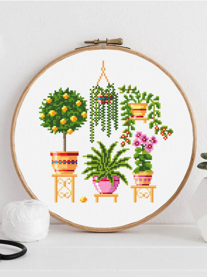 Potted plants cross stitch pattern download PDF Floral cross stitch sampler, Small house plant embroidery PDF, Garden cross stitch chart #P1