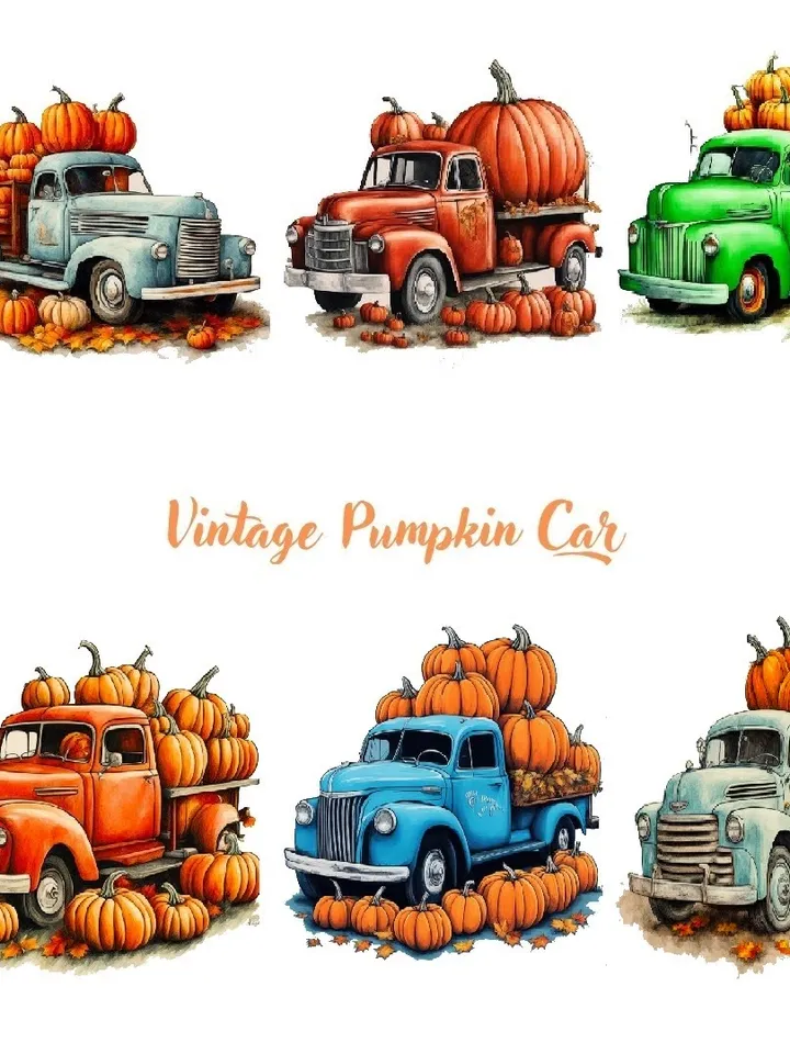 Set of 6 Pumpkin Truck Png Pumpkin Truck Sublimation Design Pick Up Car Png Autumn Trucks Printable Vintage Car Pumpkin Halloween Fall Truck