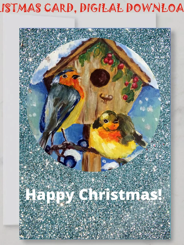 Digital greeting card, Christmas holiday card, Robin bird haid painted, Printable Xmas card