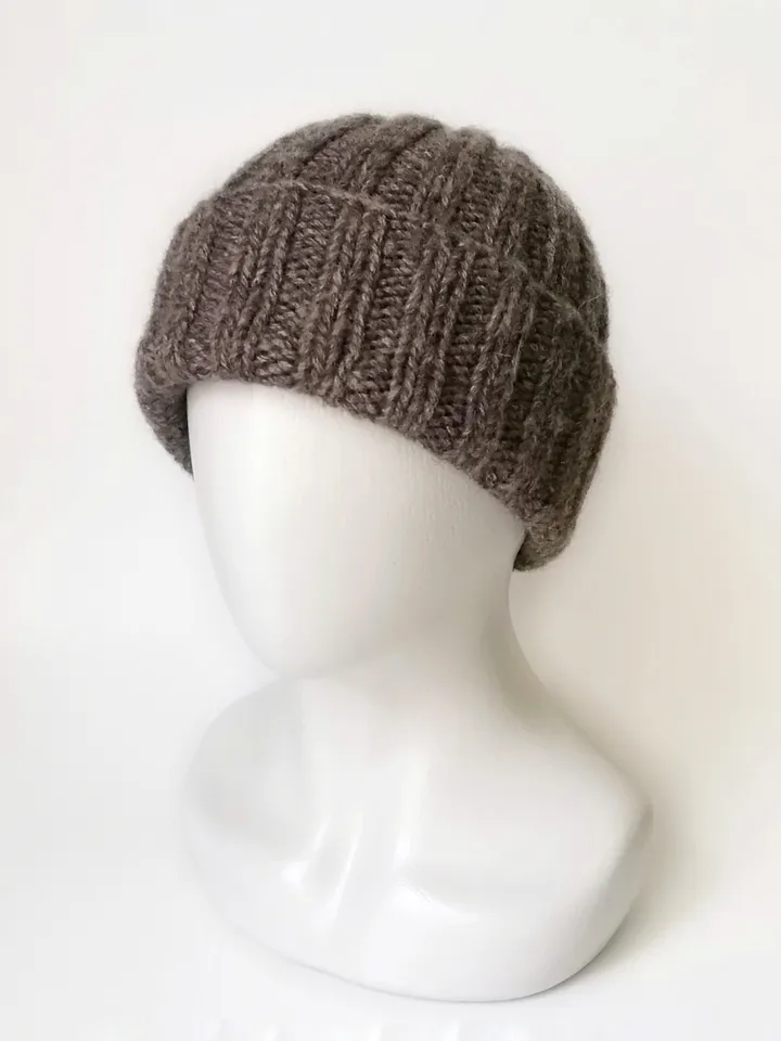 Cozy Men's Alpaca Wool Winter Beanie: Hand-Knitted Brown Hat. Warm Men's Beanie with Folded Brim: Handcrafted Ribbed Cap. FREE SHIPPING!